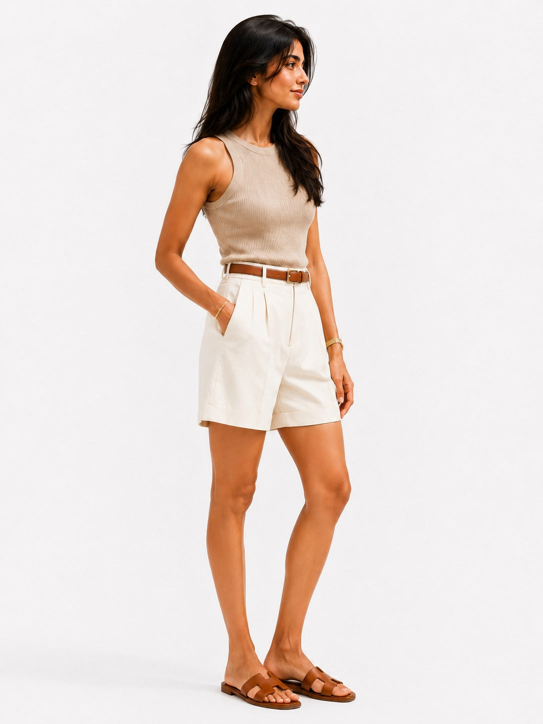 Sand Ribbed Sleeveless Knit Top