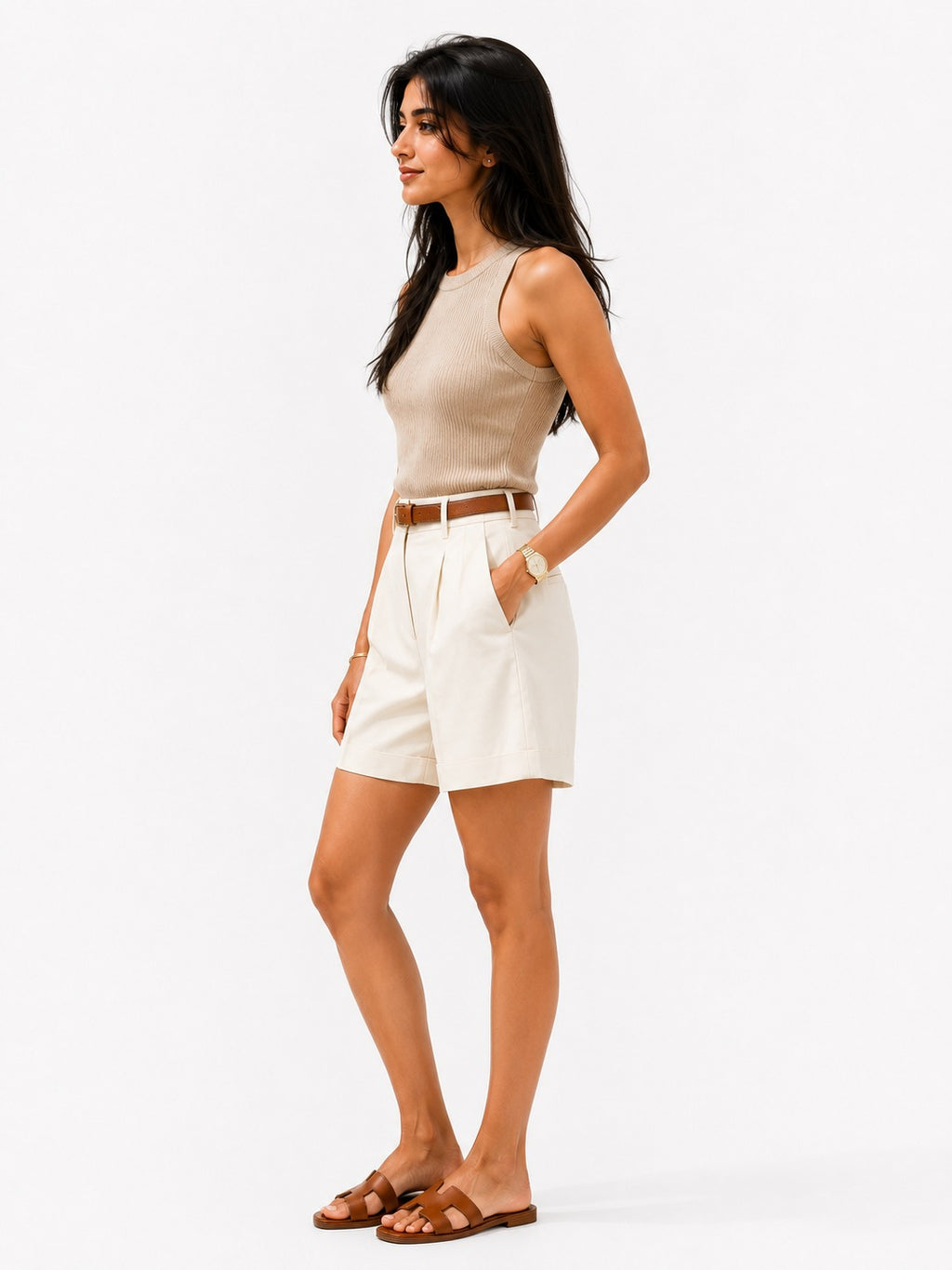 Sand Ribbed Sleeveless Knit Top