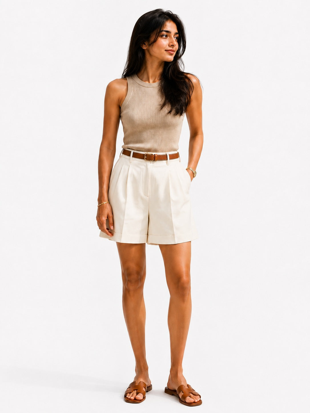 Sand Ribbed Sleeveless Knit Top